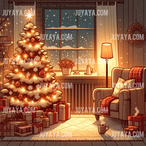 웹툰 스타일로 그려진 따뜻하고 아늑한 크리스마스 장면. 아름답게 장식된 크리스마스 트리와 선물 상자들이 놓여 있으며, 부드러운 조명이 있는 방 안에는 편안한 의자와 뜨거운 차 한 잔이 놓인 테이블이 보입니다. 창밖에는 가볍게 내리는 눈이 포근한 분위기를 더합니다.
