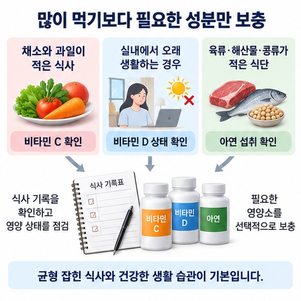 식사와 생활 패턴에 따라 비타민 C, 비타민 D, 아연 보충 여부를 선택하는 과정을 표현한 이미지