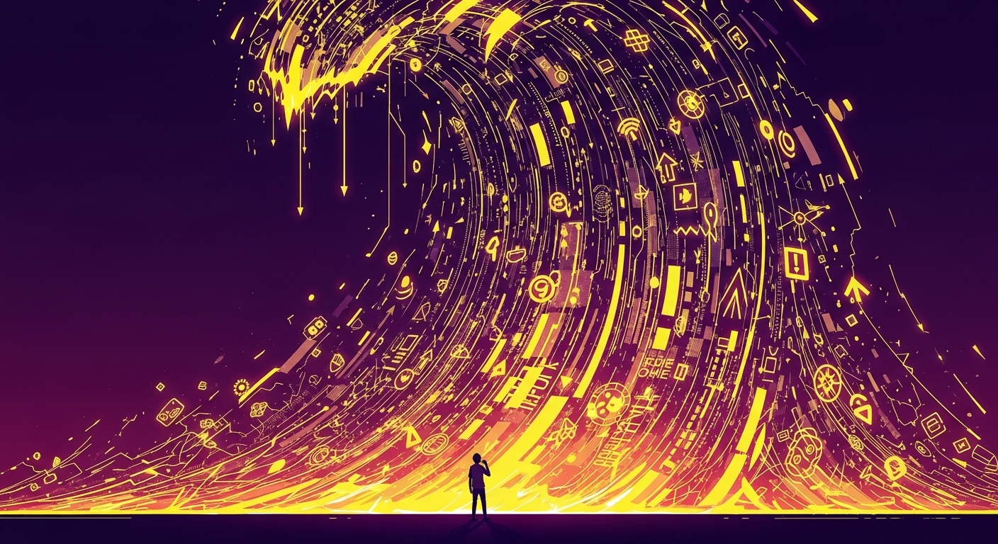 방대한 디지털 정보의 파도 속에서 압도감을 느끼는 사람의 모습. 정보 과부하의 혼란스러움을 표현합니다.