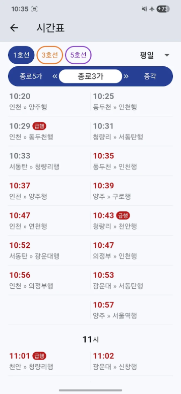 실시간 지하철 위치, 지하철역 시간표