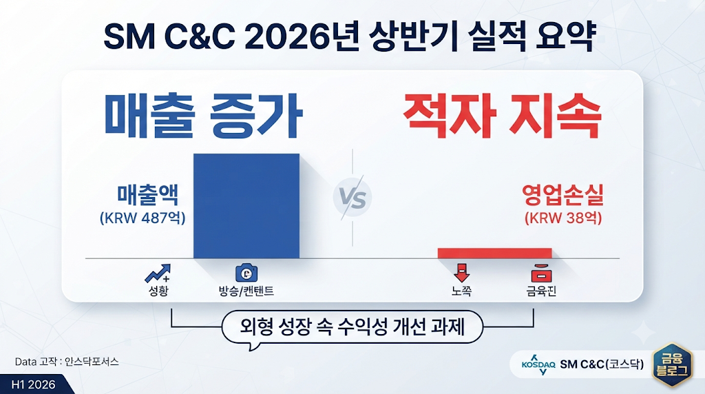 SM C&amp;C 2026년 상반기 매출 증가와 영업적자를 비교한 그래프
