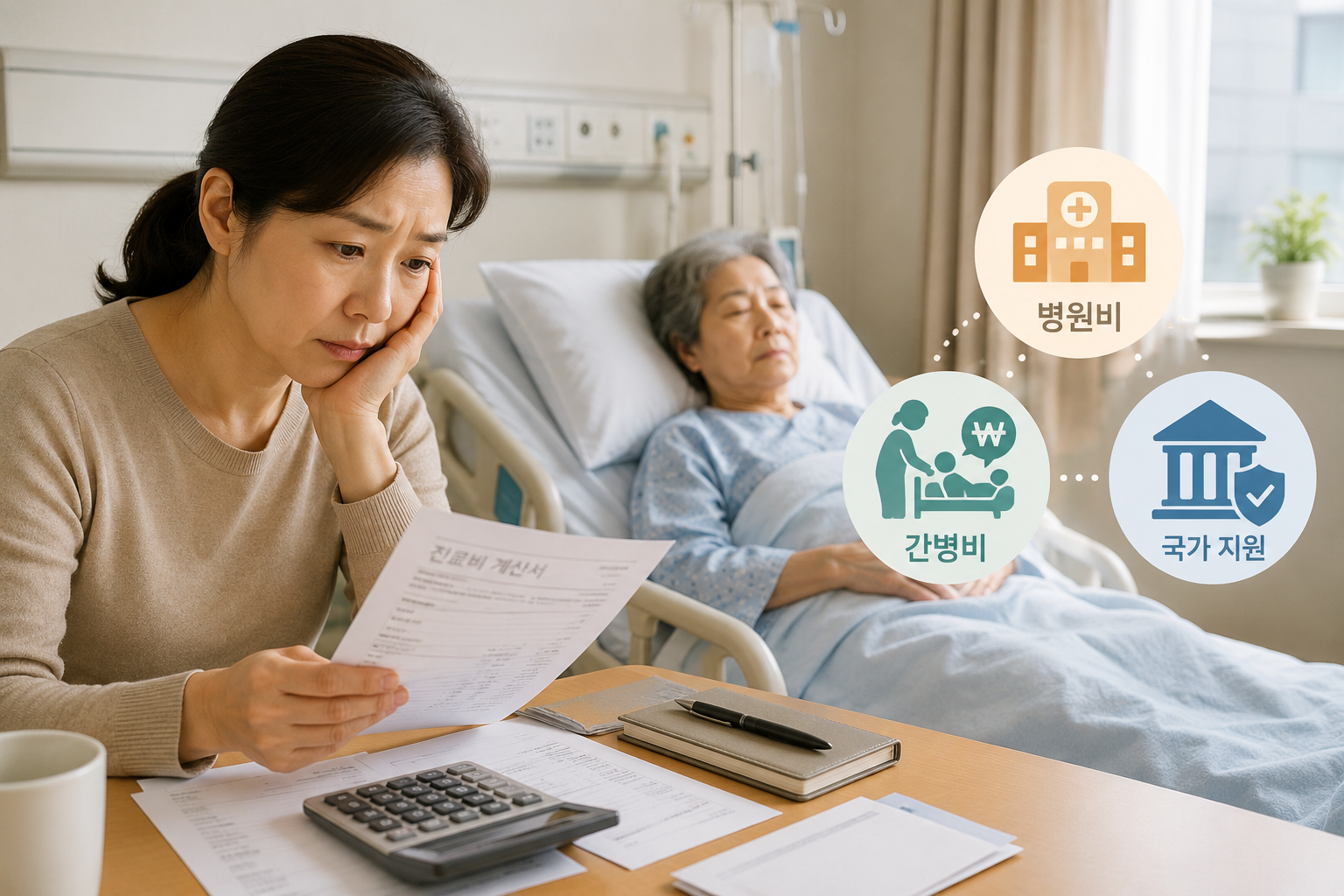 간병비 부담으로 병원비 영수증을 확인하는 보호자와 병실에서 치료 중인 어르신