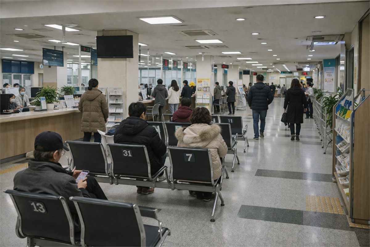 지역 행정센터 내부에서 민원 창구 방향으로 이동하는 사람들의 넓은 장면 