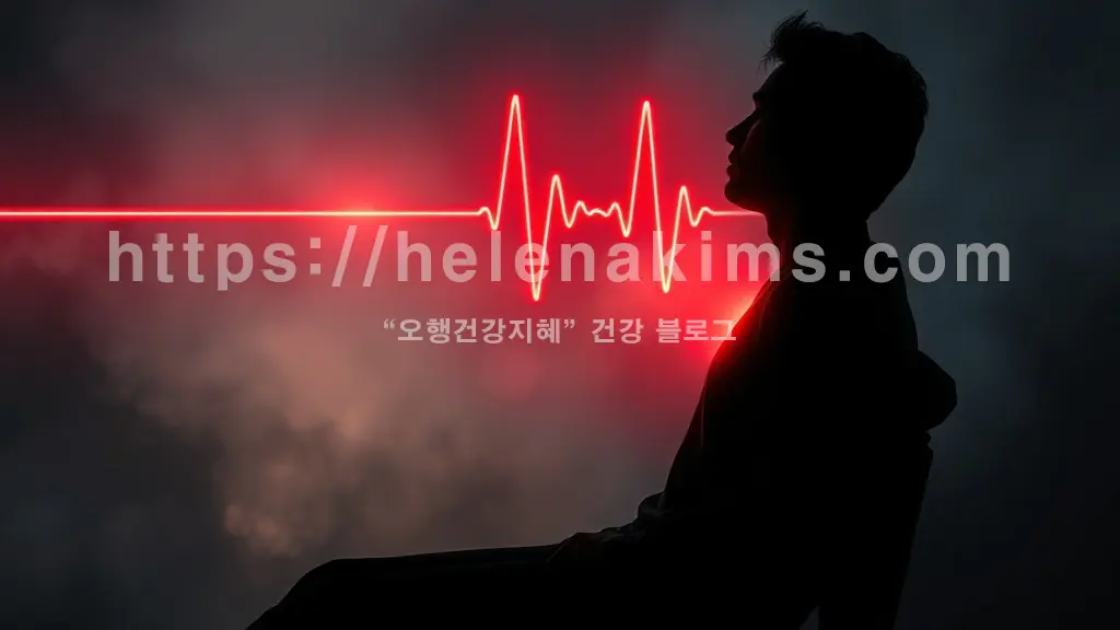 편안한 자세의 사람 실루엣 옆, 가슴 부위에 갑작스러운 심장 두근거림을 시각화한 강렬한 파동. 불안감과 가벼운 기침을 암시하는 은은한 빛과 에너지가 배경에 퍼지며, 가슴두근거림, 심장건강, 일상불안 등을 표현한 이미지.