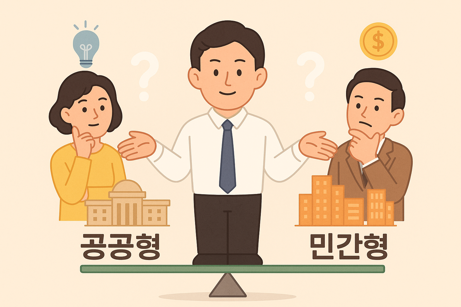 가운데에 서 있는 남성이 저울처럼 균형을 잡고 있고, 왼쪽에는 공공형 일자리를 상징하는 여성과 정부 건물, 오른쪽에는 민간형 일자리를 상징하는 남성과 도심 빌딩이 표현되어 있음. 각 인물은 고민하는 표정을 짓고 있음