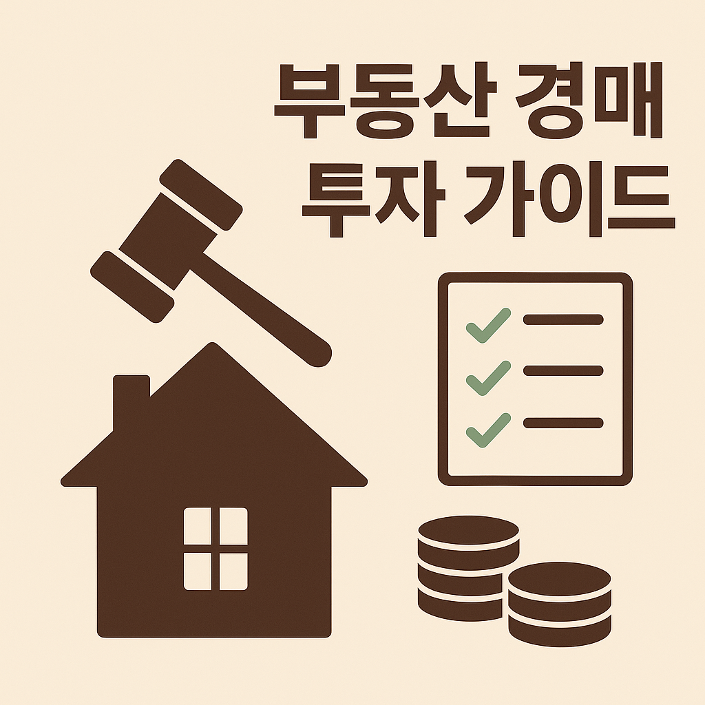 부드러운 베이지 배경에 집 실루엣 아래 망치, 체크리스트, 동전 그래픽이 배치된 2025년 부동산 경매 투자 가이드 썸네일 이미지
