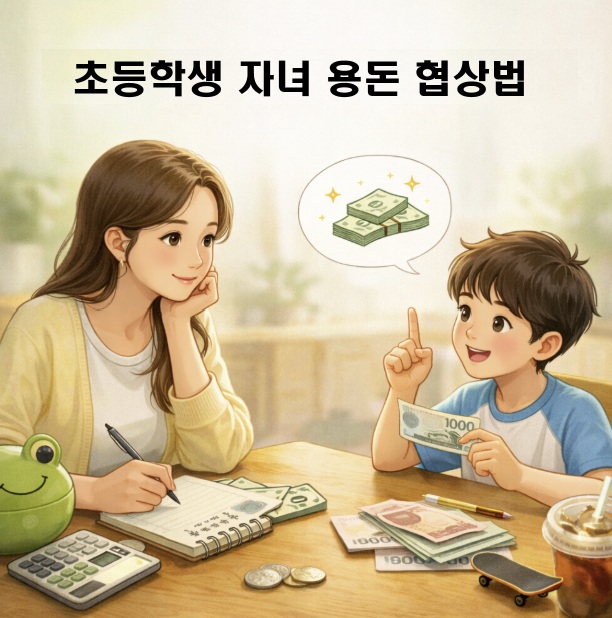 초등학생 자녀와 용돈을 협상하는 부모 사진