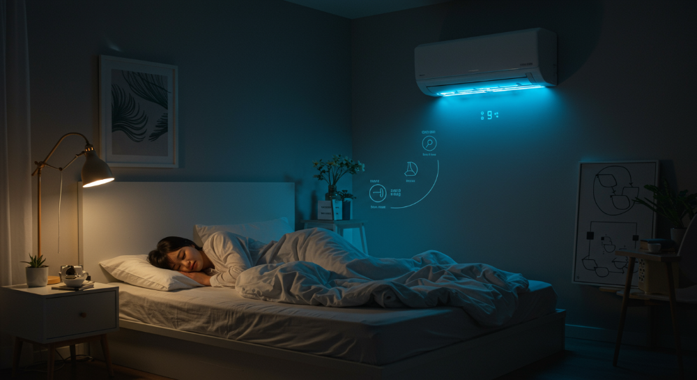 2025년 최신 벽걸이 에어컨이 설치된 원룸에서 조용하고 시원하게 잠든 사람의 모습, 저소음과 낮은 전기세의 장점을 보여주는 이미지.
