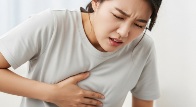 오른쪽 갈비뼈 아래를 손으로 누르는 남성