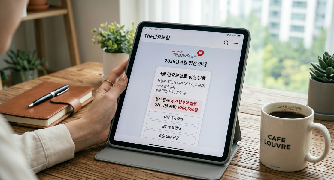 국민건강보험공단 앱 화면을 띄워놓은 태블릿 PC와 커피 한 잔