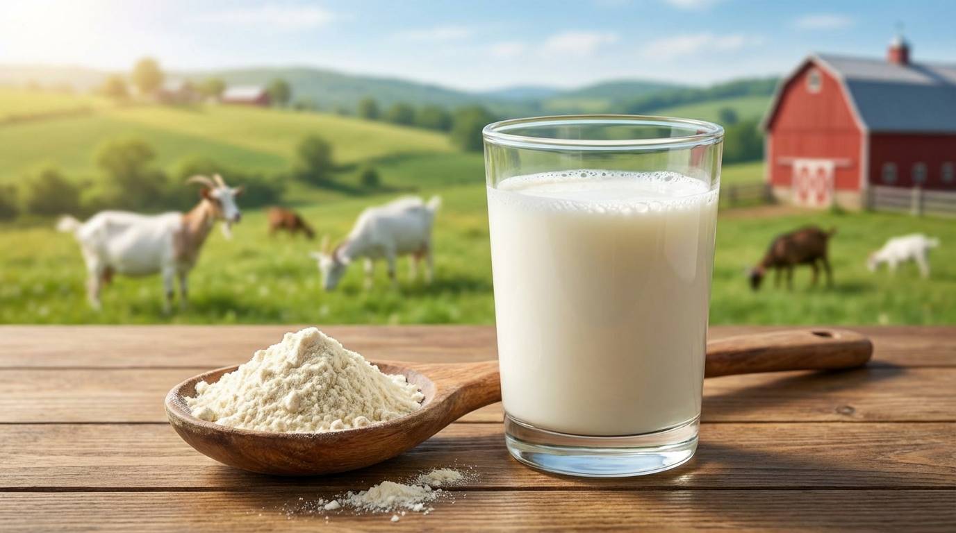 신선한 산양유 한 잔과 깨끗한 농장의 풍경, 산양유 단백질 분말이 담긴 스푼