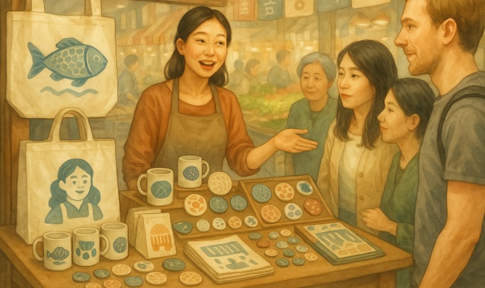 전통시장 굿즈를 고객들에게 설명하는 장면 이미지