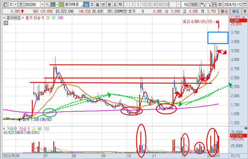 흥아해운 주가 일봉 차트 분석과 전망 (24.1.12)