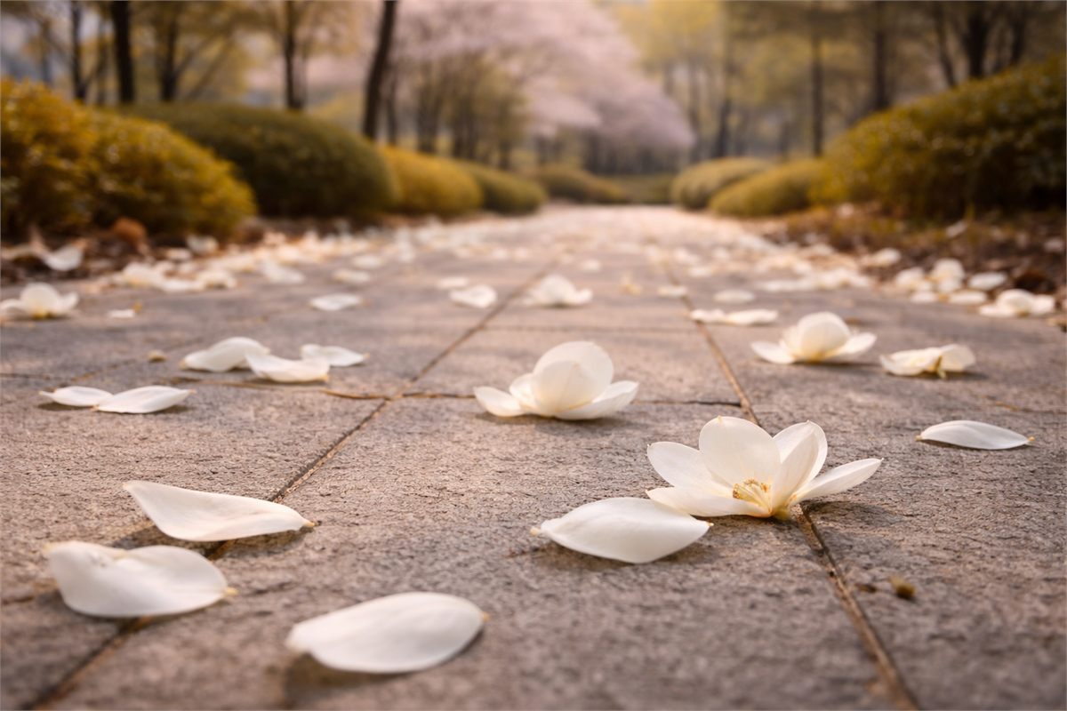 한국 공원 돌길 위에 떨어진 목련 꽃잎이 흩어진 풍경 