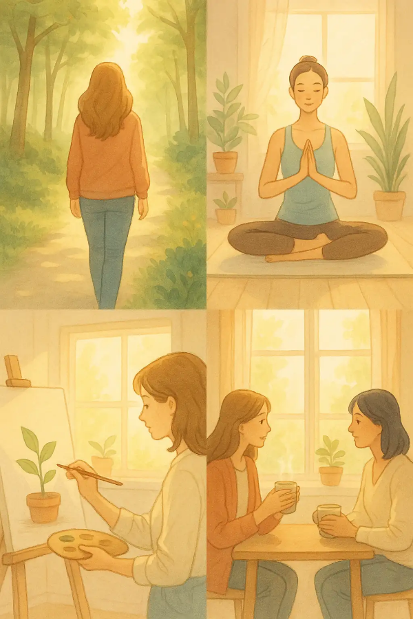 단주 후 명상과 산책으로 심리적 평화를 찾는 따뜻한 감성 일러스트