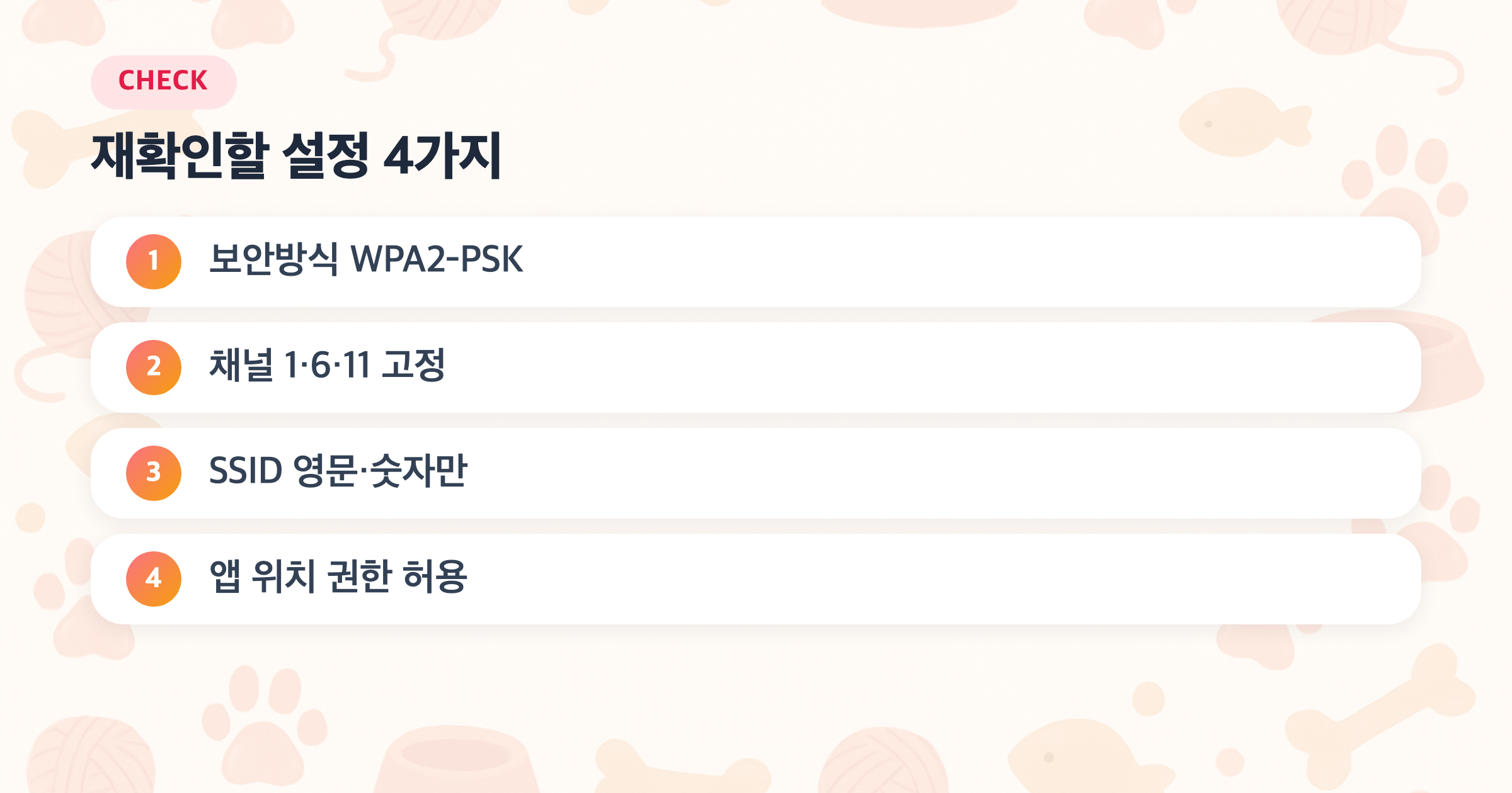 재확인할 설정 4가지: 보안방식 WPA2-PSK, 채널 1·6·11 고정, SSID 영문·숫자만, 앱 위치 권한 허용