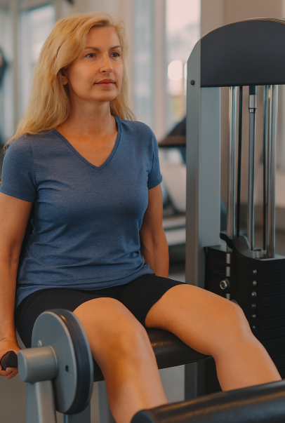 한 여성이 헬스장에서 무릎 익스텐션 머신을 사용하는 모습