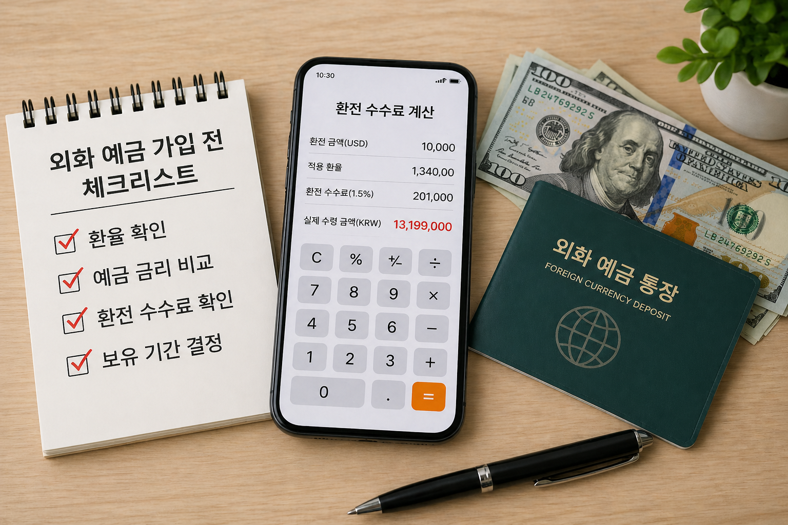 외화 예금 가입 전 환율과 수수료를 계산하는 장면