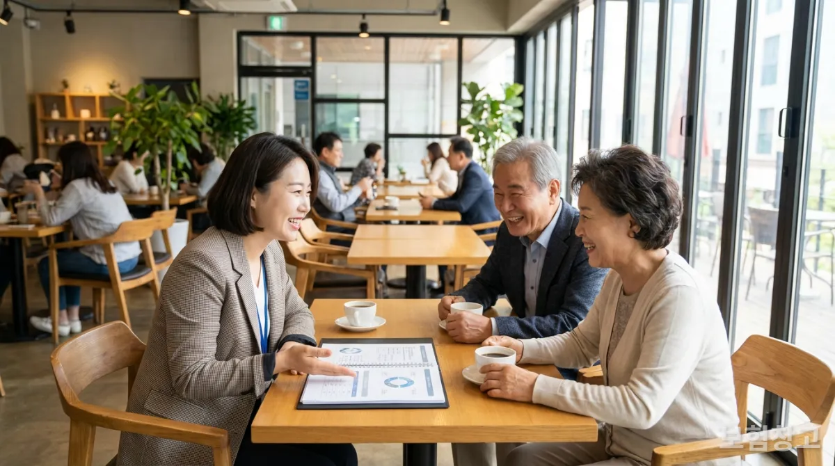 카페에서 보험 전문가와 상담하는 노년 한국인 부부