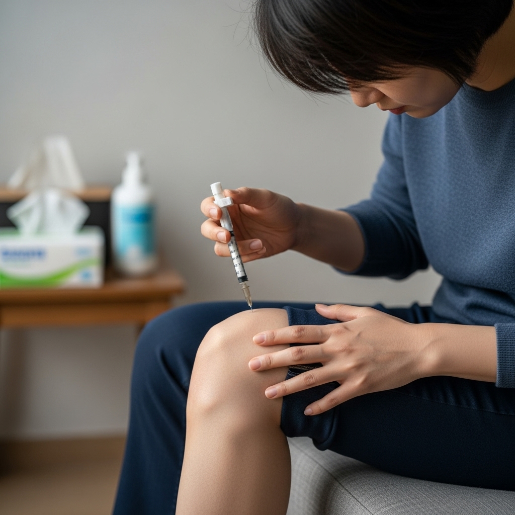 한국-성인이-앉아-허벅지-위쪽-부위에-주사를-맞을-준비를-하고-있습니다.