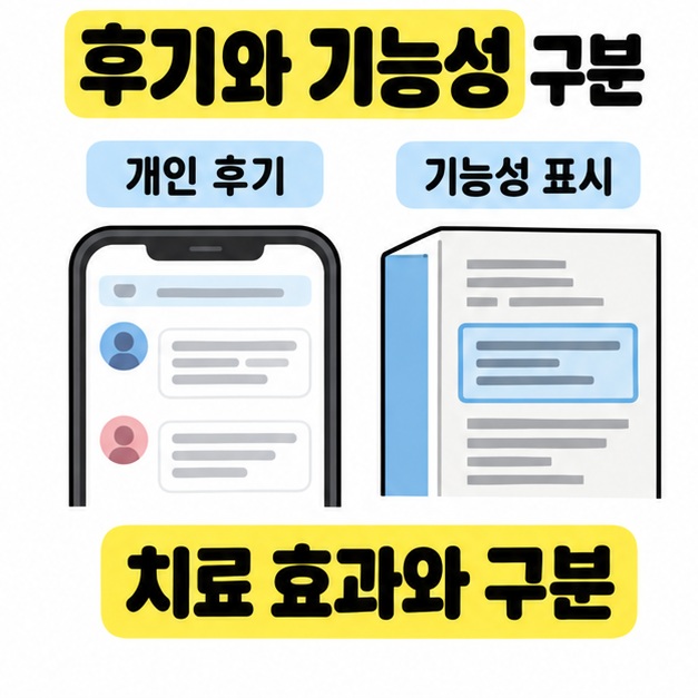 휴대폰의 개인 후기와 제품의 기능성 표시를 비교하며 치료 효과와 구분하라고 안내하는 그림