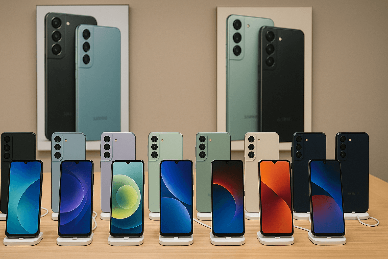 진열되어 있는 삼성 갤럭시폰들