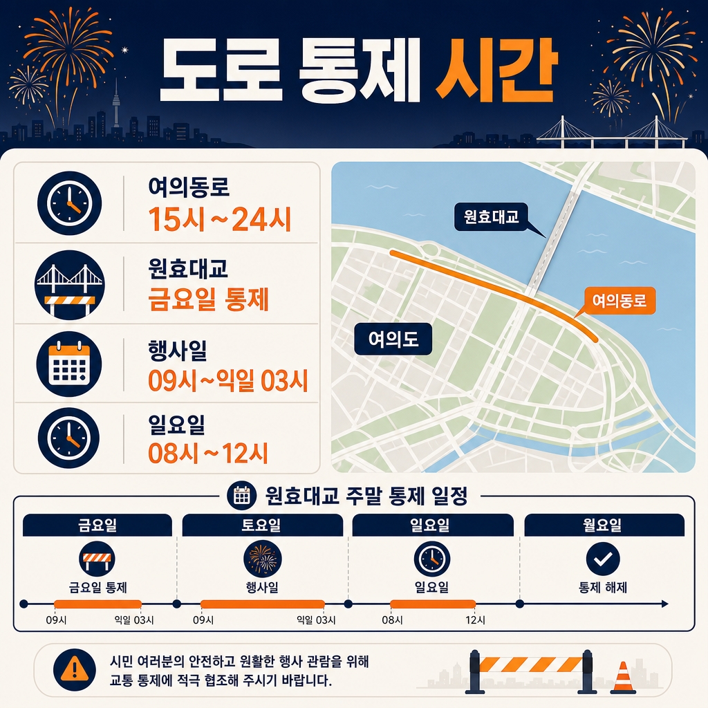 여의동로와 원효대교 통제 구간