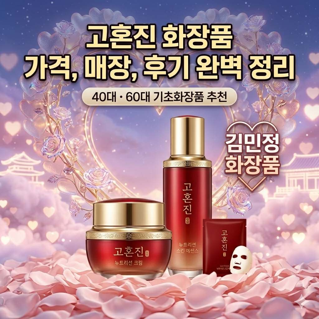 고급스러운 레드와 골드 패키지의 고혼진 뉴트리션 크림과 에센스 세트가 화사한 조명 아래 놓여 있는 모습, 40대 60대 여성 피부 탄력 관리를 위한 프리미엄 기초화장품 이미지