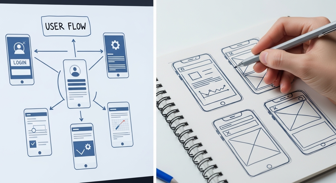 노코드 앱 개발의 기획 단계에서 사용자 흐름도(User Flow)와 와이어프레임을 스케치하는 모습.
