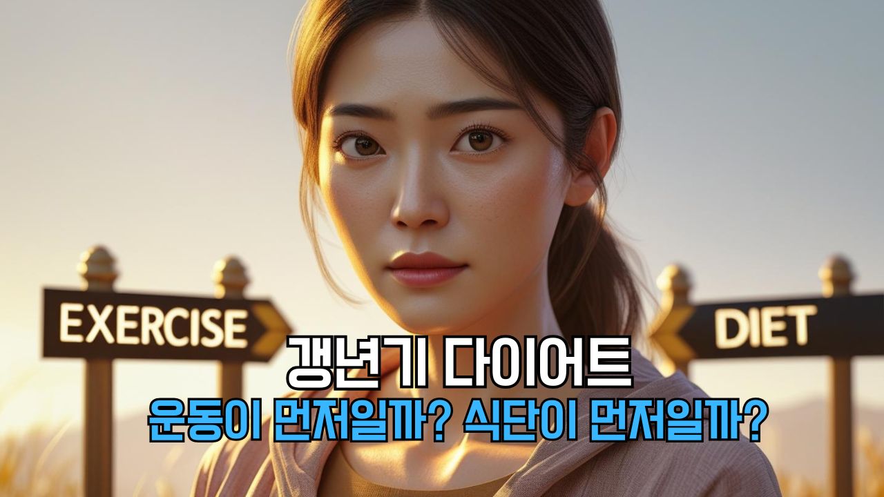 운동과 식단 사이에서 고민하는 중년 여성의 진지한 표정, 선택의 갈림길에 선 모습