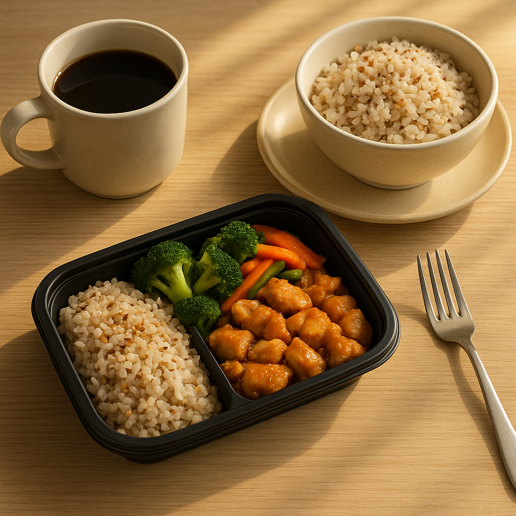 &ldquo;따뜻한 아침 햇살이 비치는 식탁 위에 밀키트 도시락과 커피 한 잔이 놓여 있다. 도시락에는 현미밥, 닭가슴살 불고기, 브로콜리와 당근볶음이 담겨 있으며, 옆에는 도자기 머그컵과 포크가 놓여 있다. 건강하고 간편한 아침 식사의 느낌을 주는 실사 사진.&rdquo;