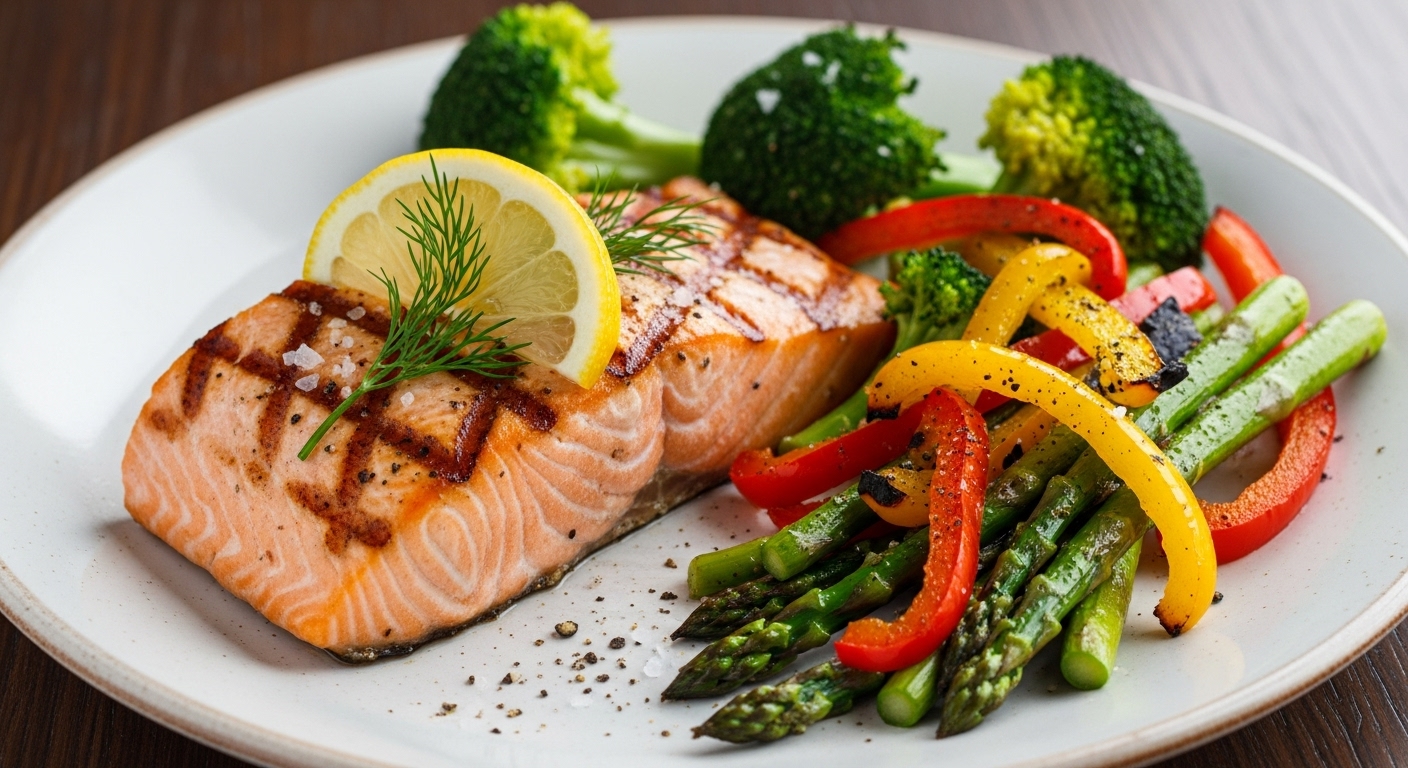 신선한 채소 가니쉬와 함께 구워진 오메가-3 풍부한 등푸른 생선 요리.