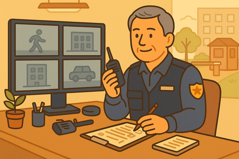 모니터로 CCTV를 확인하며 무전기로 보고하는 중장년 남성 경비지도사