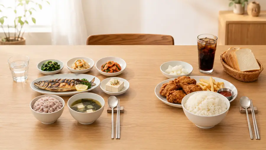 건강한 식사 습관과 피해야 할 식사 습관을 대비해 보여주는 한국식 식탁, 한쪽에는 채소와 생선, 두부, 적당량의 잡곡밥과 물이 놓인 균형 잡힌 상차림, 다른 쪽에는 단 음료와 과도하게 많은 흰쌀밥, 빵과 튀김이 놓인 모습