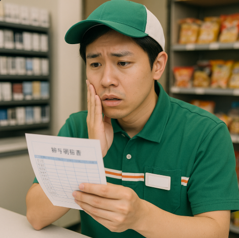 파트타임으로 편의점에서 일하는 직원이 연 소득이 300만엔 이하로 불안해하는 모습입니다.