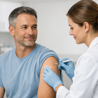 의료진이 성인 남성의 상완에 Tdap 백일해 예방접종을 시행하는 모습