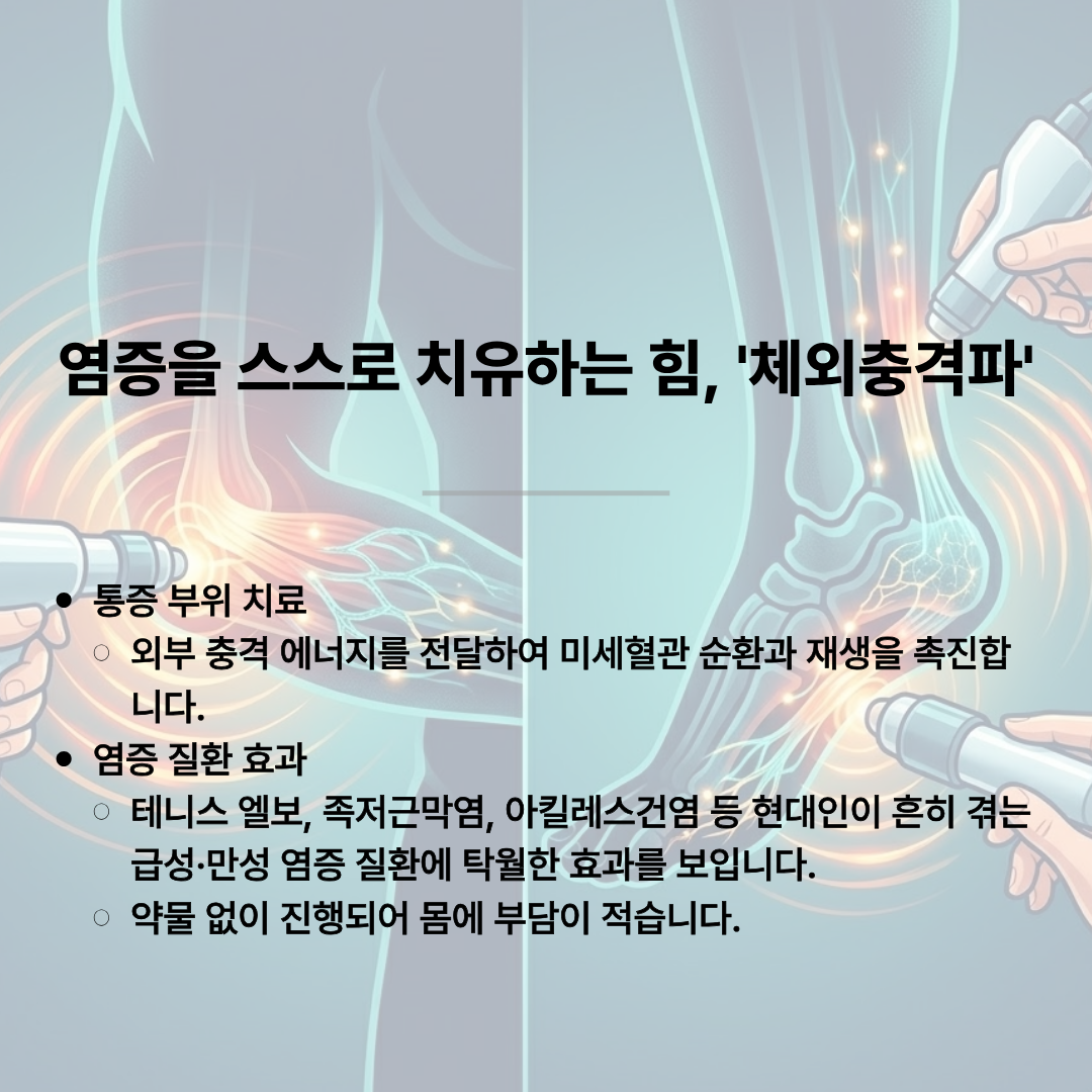 남성 물리치료사가 엎드려 있는 환자의 어깨를 직접 손으로 치료하는 실제 사진. 이미지 텍스트: "부작용 걱정 NO! 내 몸에 가장 안전한 치료. 주사나 약물 주입 없이 진행되어 부작용 부담이 거의 없는 안전한 치료입니다. 치료실 밖, 일상생활 속에서 관절과 척추에 부담을 주는 나쁜 자세와 습관까지 세밀하게 분석하고 교정해 드립니다."