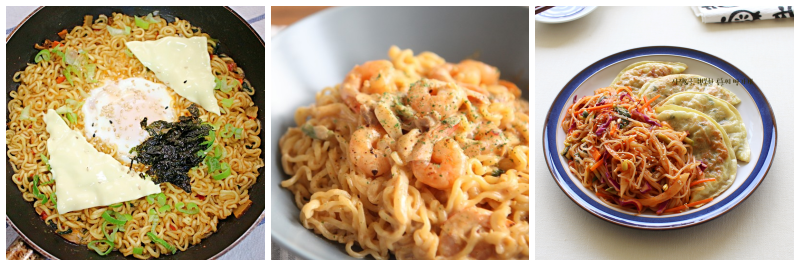 쿠지라이식 라면, 로제 신라면, 비빔 라면 만두 사진