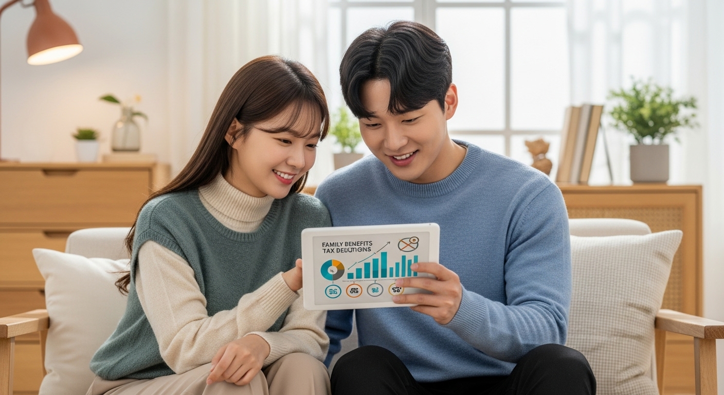신혼부부가 태블릿으로 결혼 및 출산 관련 세금 혜택을 확인하며 행복하게 웃는 모습