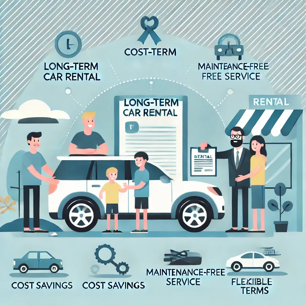 장기렌트 차량을 고객에게 인도하는 모습과 비용 절감 아이콘