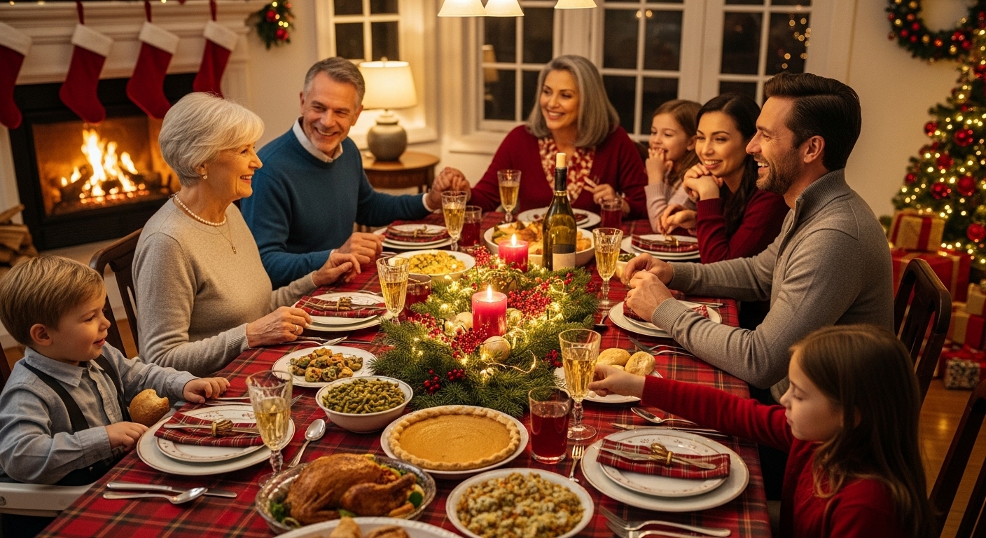 온 가족이 한데 모여 따뜻한 저녁 식사를 하며 서로의 안녕을 기원하는 행복한 연말 풍경