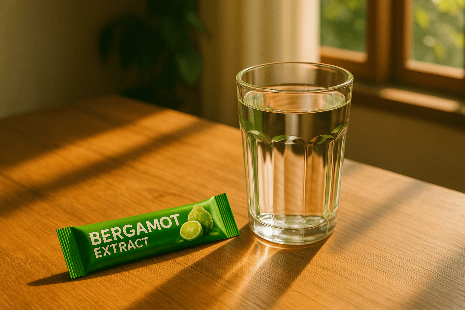 창가로 들어오는 따뜻한 햇살 아래, 나무 테이블 위에 ‘BERGAMOT EXTRACT’라고 적힌 초록색 스틱 제품이 놓여 있고 옆에 투명한 물컵이 함께 있는 장면
