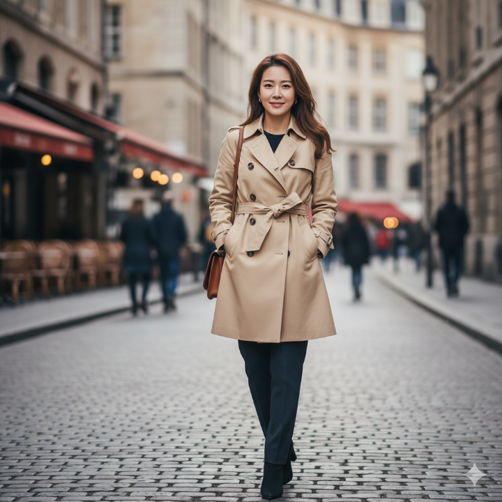 클래식한 베이지 트렌치코트를 입고 있는 40대 여성