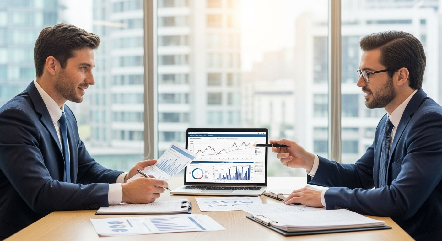 성장주와 가치주를 비교하며 투자 전략을 세우는 현실적인 두 투자자의 모습