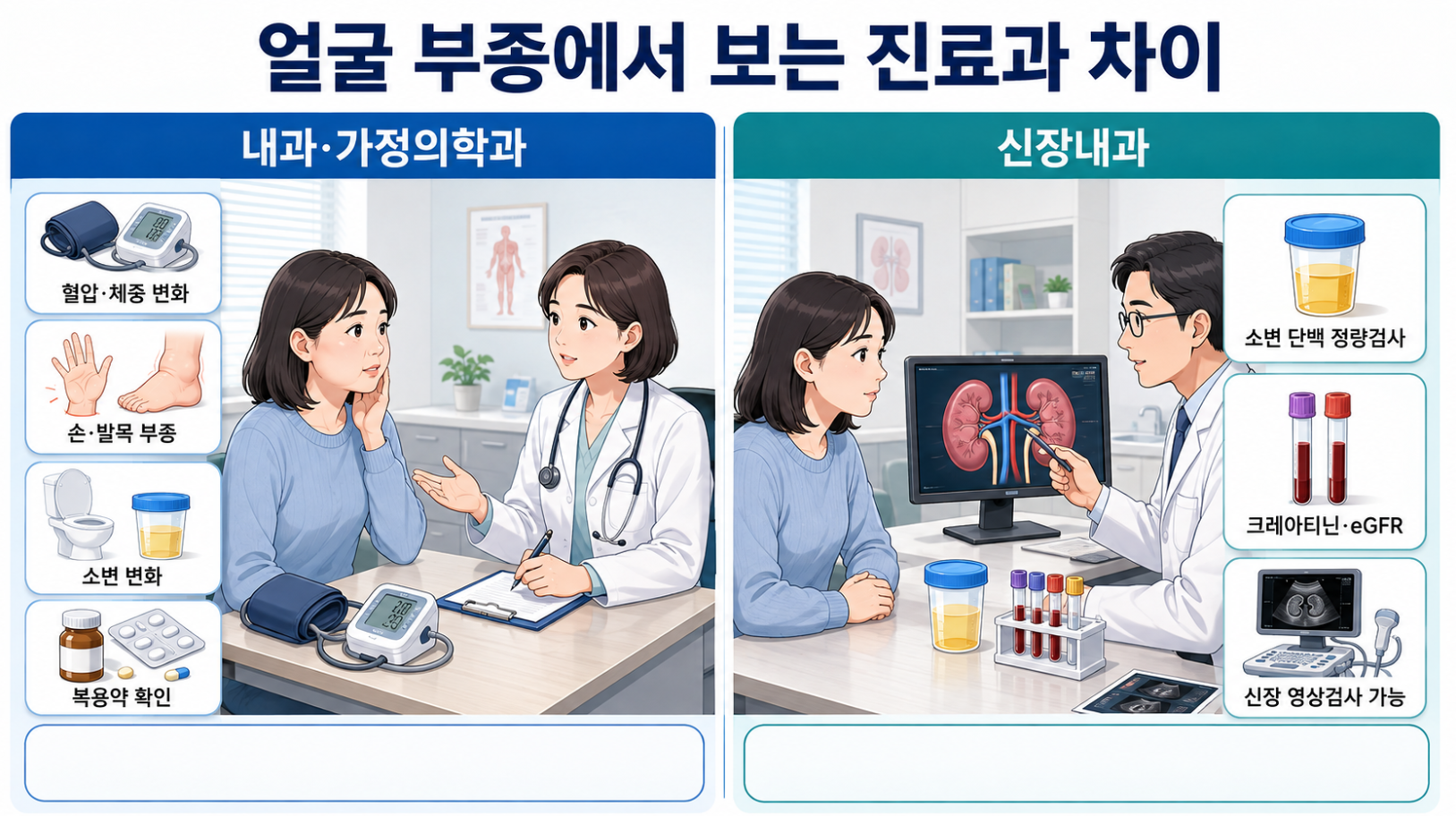 얼굴 부종에서 내과&middot;가정의학과와 신장내과의 진료 및 검사 범위 비교