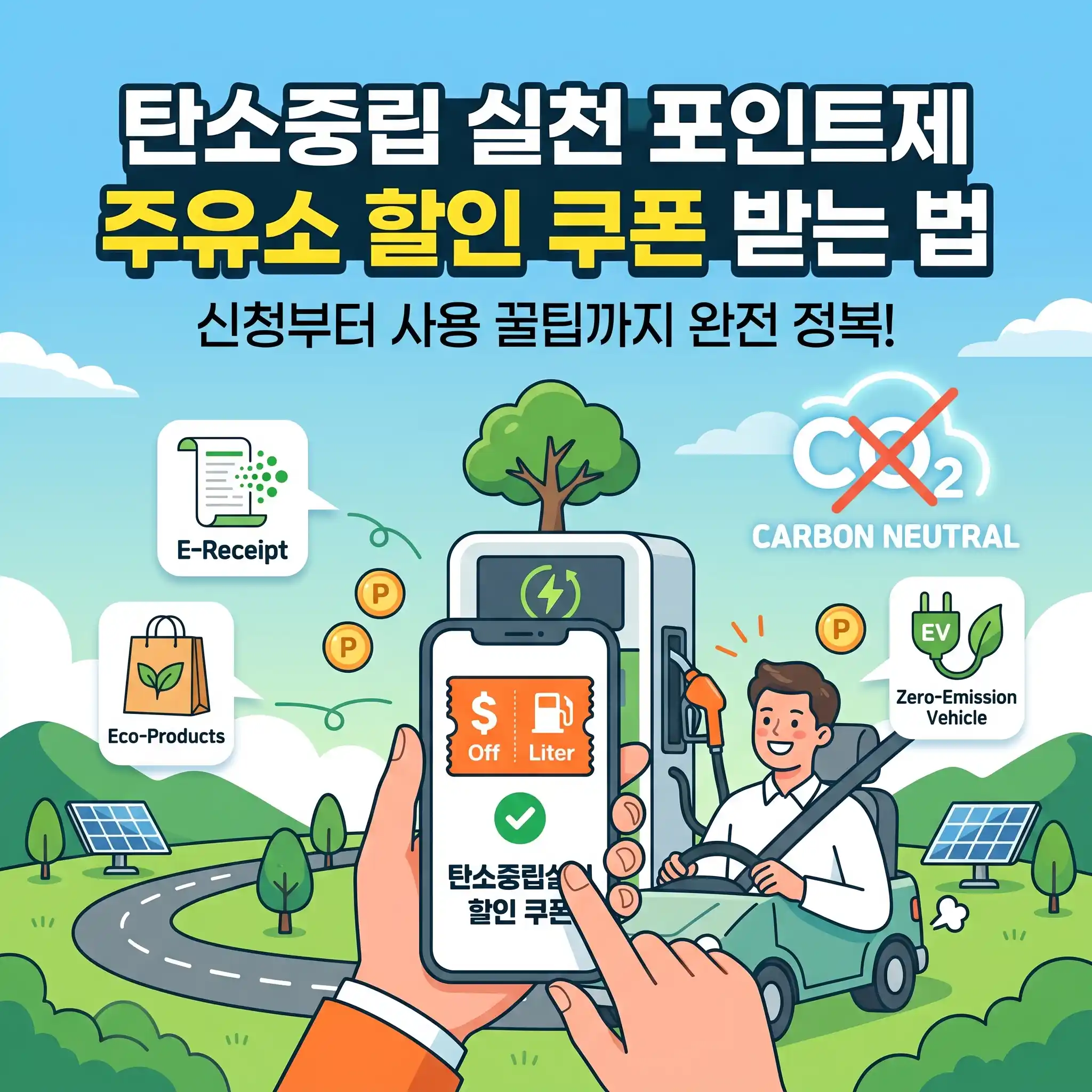 탄소중립 실천 포인트제 주유소 할인 쿠폰 받는 법을 설명하는 블로그 썸네일로, 신청 방법과 꿀팁을 요약한 정방향 이미지