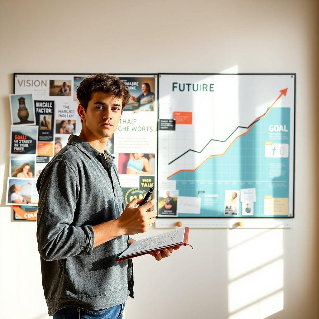 비전보드 앞에서 계획을 세우는 사람 또는 목표 달성 그래프를 보는 사람