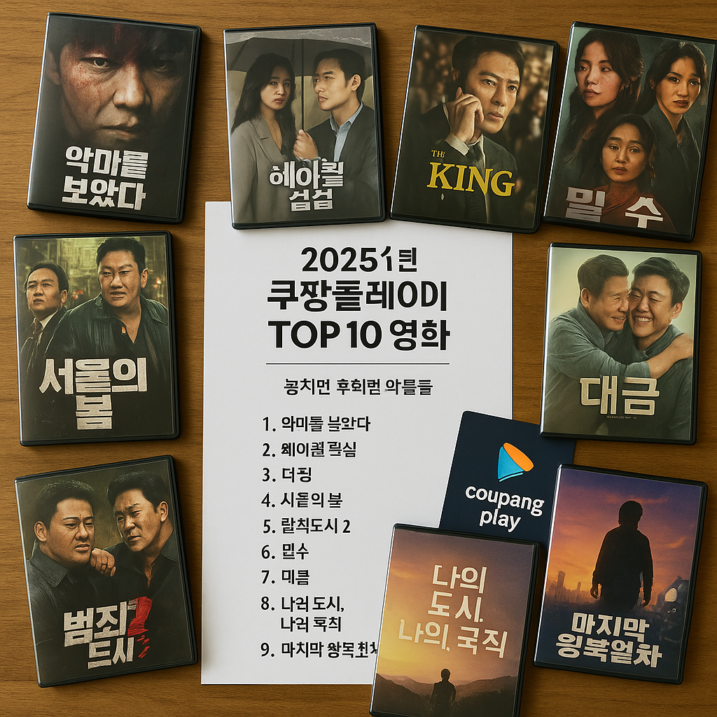 쿠팡플레이에서 추천된 2025년 인기 영화 10편의 DVD 또는 블루레이 디스크 케이스들이 진열된 모습