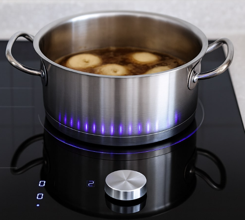 불꽃없는 인덕션 위에서 요리되는 모습