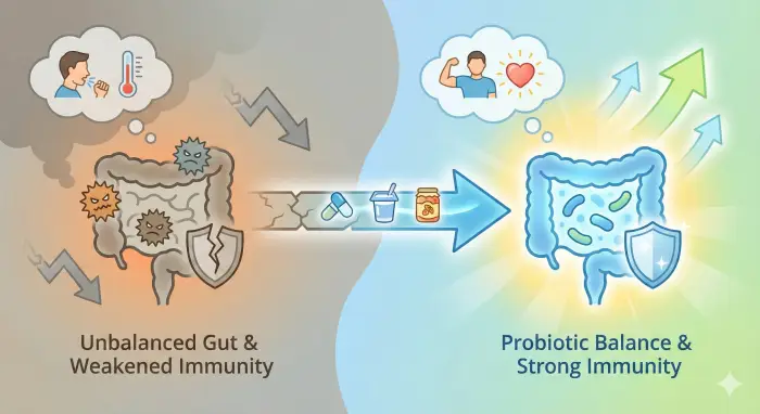 왼쪽의 어두운 패널에는 유해균과 금 간 방패의 장 아이콘, 아픈 사람 실루엣이 있습니다. 중앙의 프로바이오틱스 이동 화살표를 지나, 오른쪽 밝은 패널에는 유익균과 튼튼한 방패의 장 아이콘, 건강한 사람 실루엣이 대조적으로 그려진 인포그래픽.